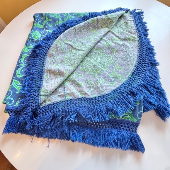 Vintage 70s bedspread, peacock blue, green abstract floral, fringed, twin size - Picture 4 of 7